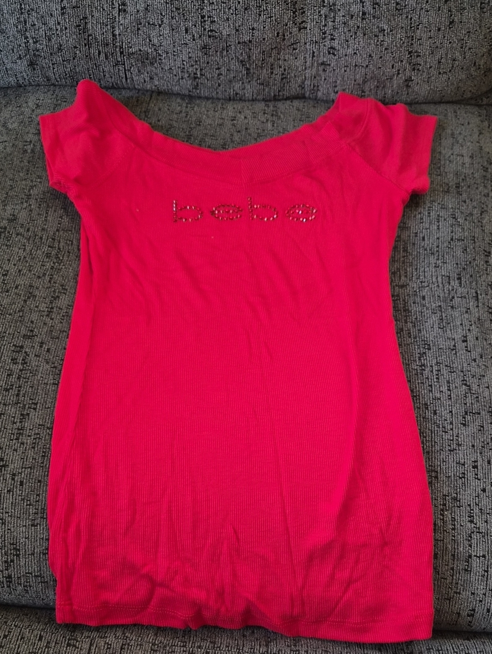 bebe Bright Pink Off-Shoulder Ribbed Tee with Rhinestone Logo